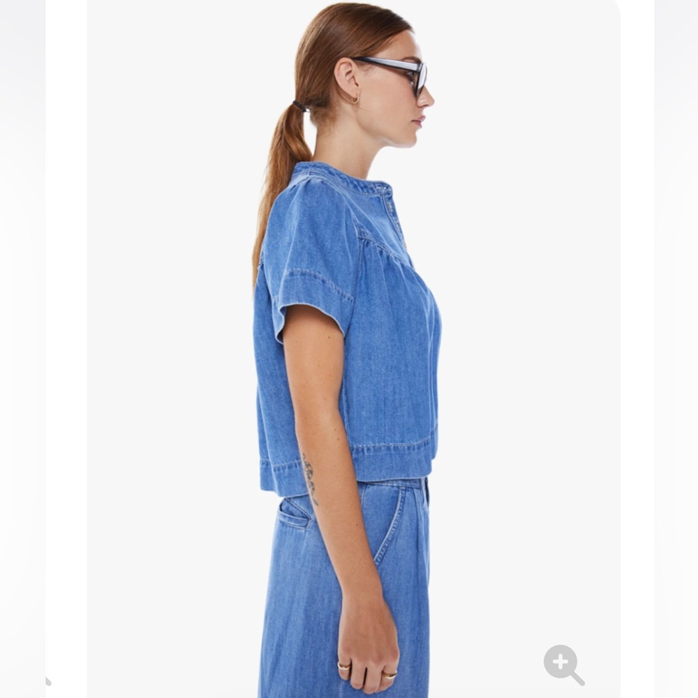 MOTHER Denim The Giggler Top Salt/Lime Blue Jean Button Babydoll S $255 - Picture 4 of 16